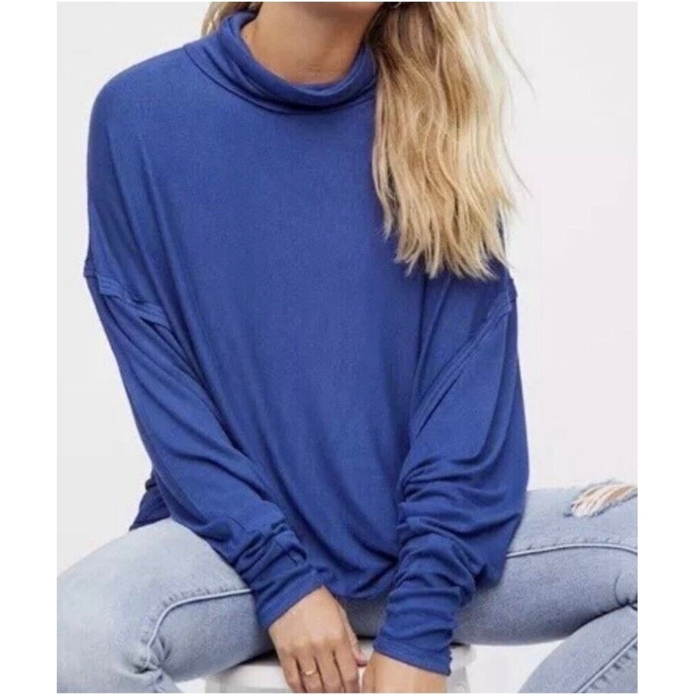 M15 We The Free Free People Blue Oversized Turtleneck‎ Ribbed Knit Seam Top S